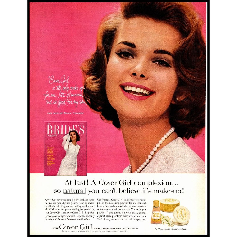 1963 Cover Girl Makeup by Noxema Vintage Print Ad Brunette Pearl Necklace Photo